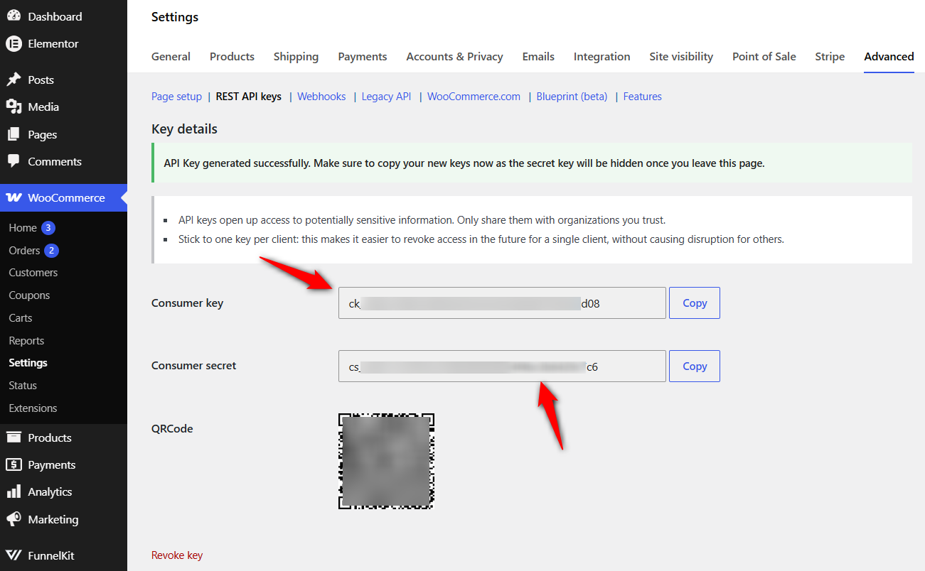Generate and copy the consumer key and secret from woocommerce rest api settings