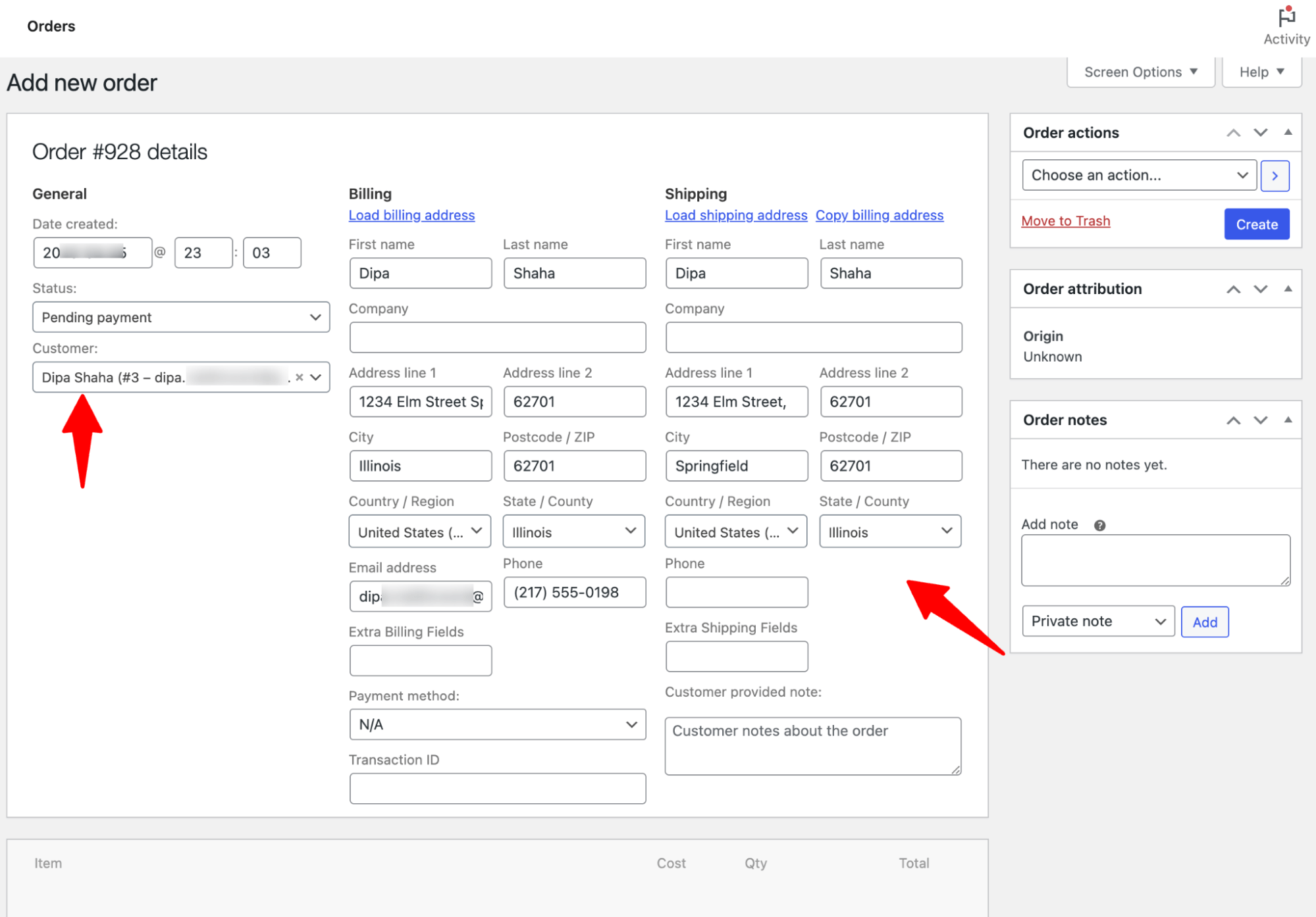 create order for existing customer