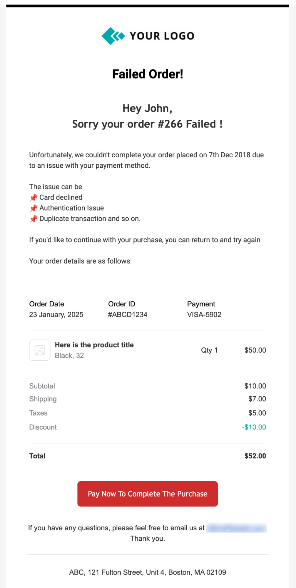 custom failed order email with link to complete payment