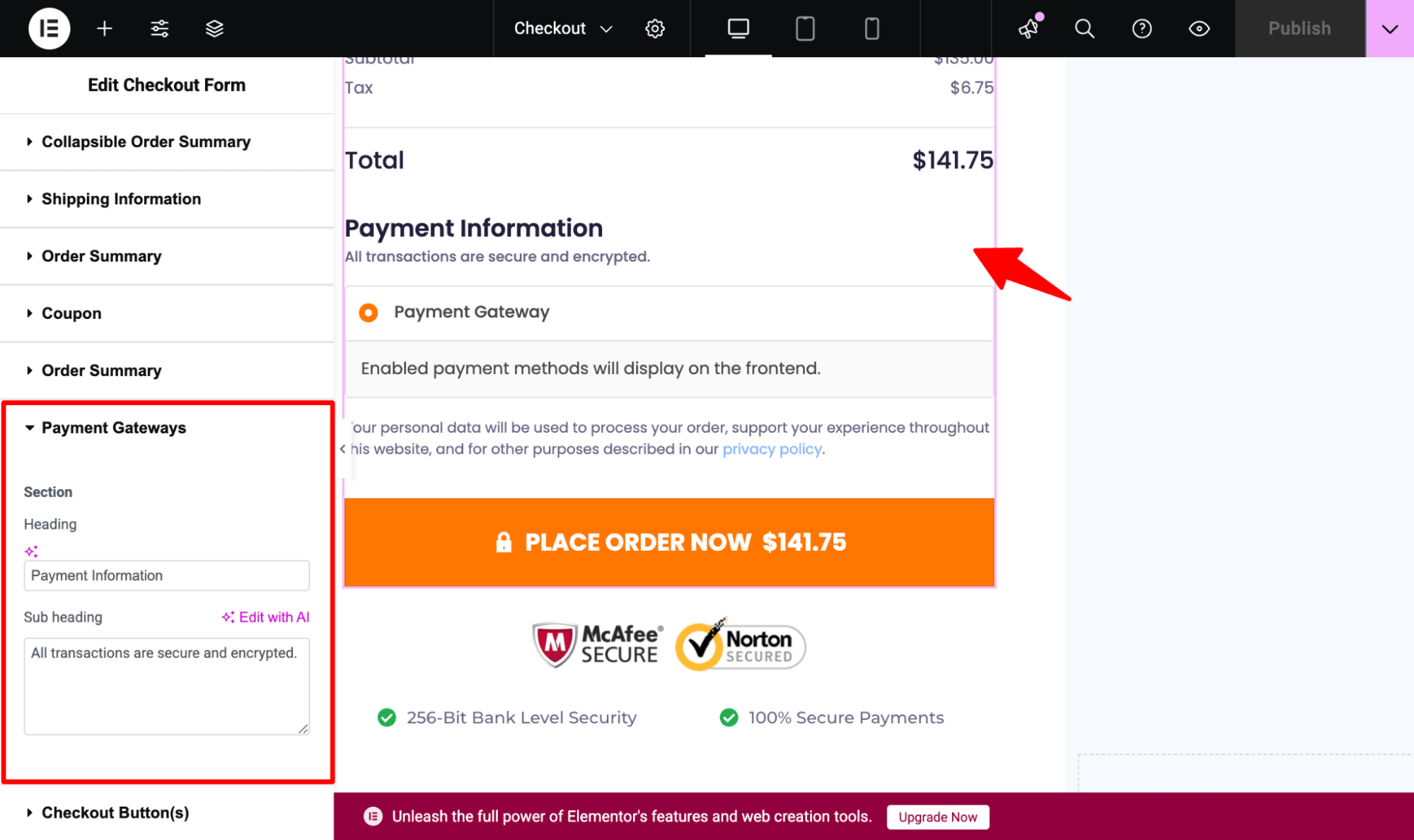 customize payment gateways section