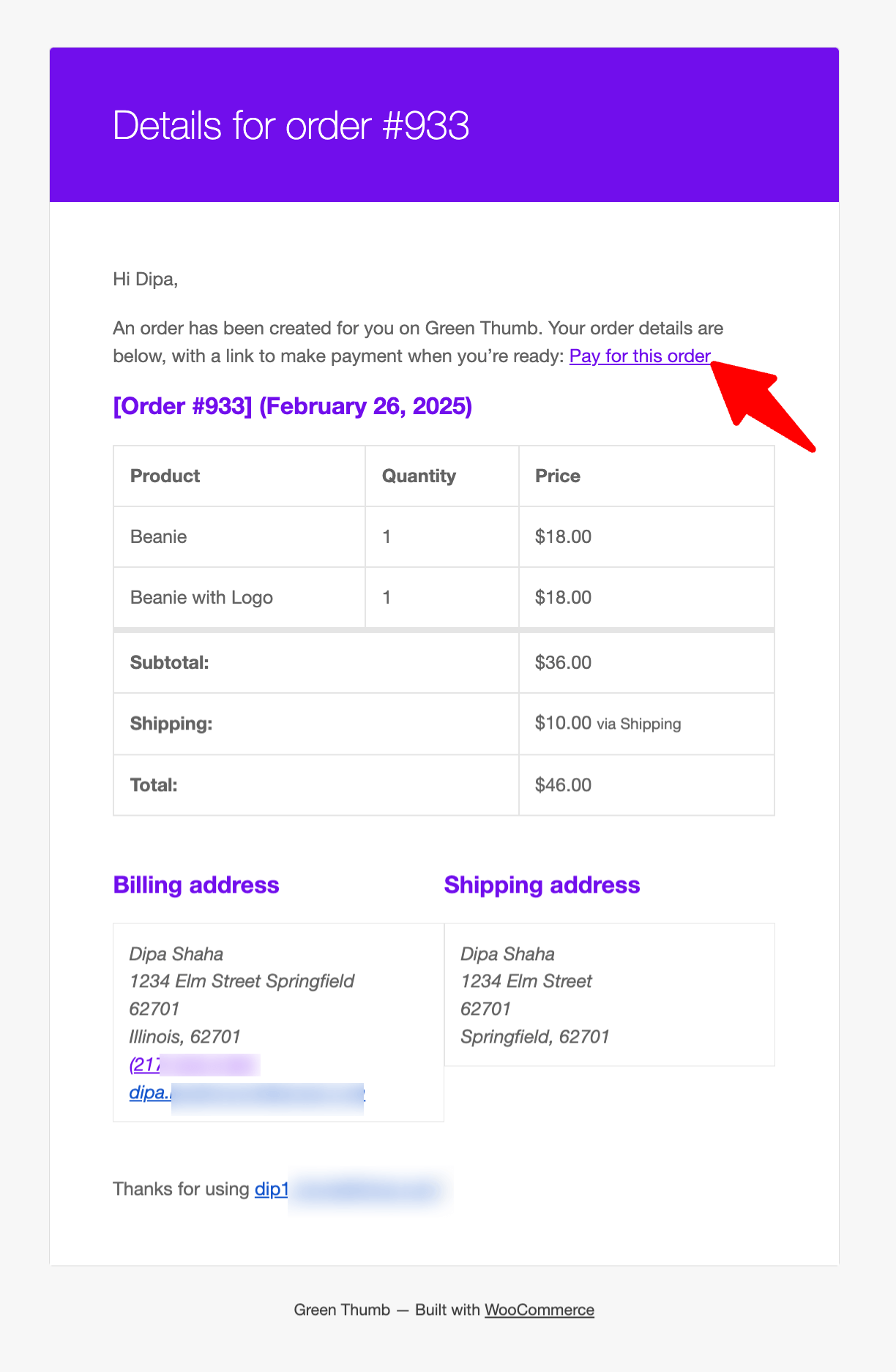 default email for pending orders with order pay page link