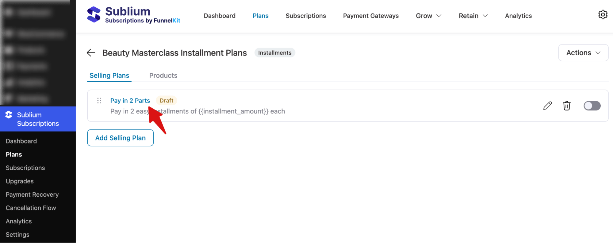 edit default payment plan in Sublium