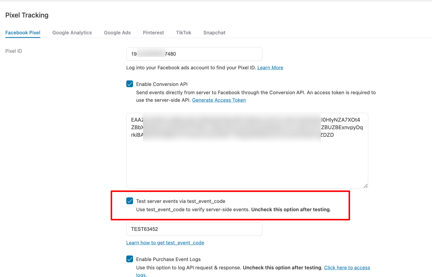 If you can see relevant events getting fired, then you can be assured that Facebook pixel WooCommerce conversion is working properly.Testing the server eventsTo test server events, enable "Test server events via test_event_code" under Facebook Pixel.Then, go to the 'Test Events' tab, copy the test code, and paste it into the FunnelKit Funnel Builder settings.