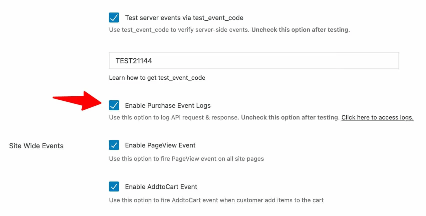 enable purchase events logs for facebook meta conversions