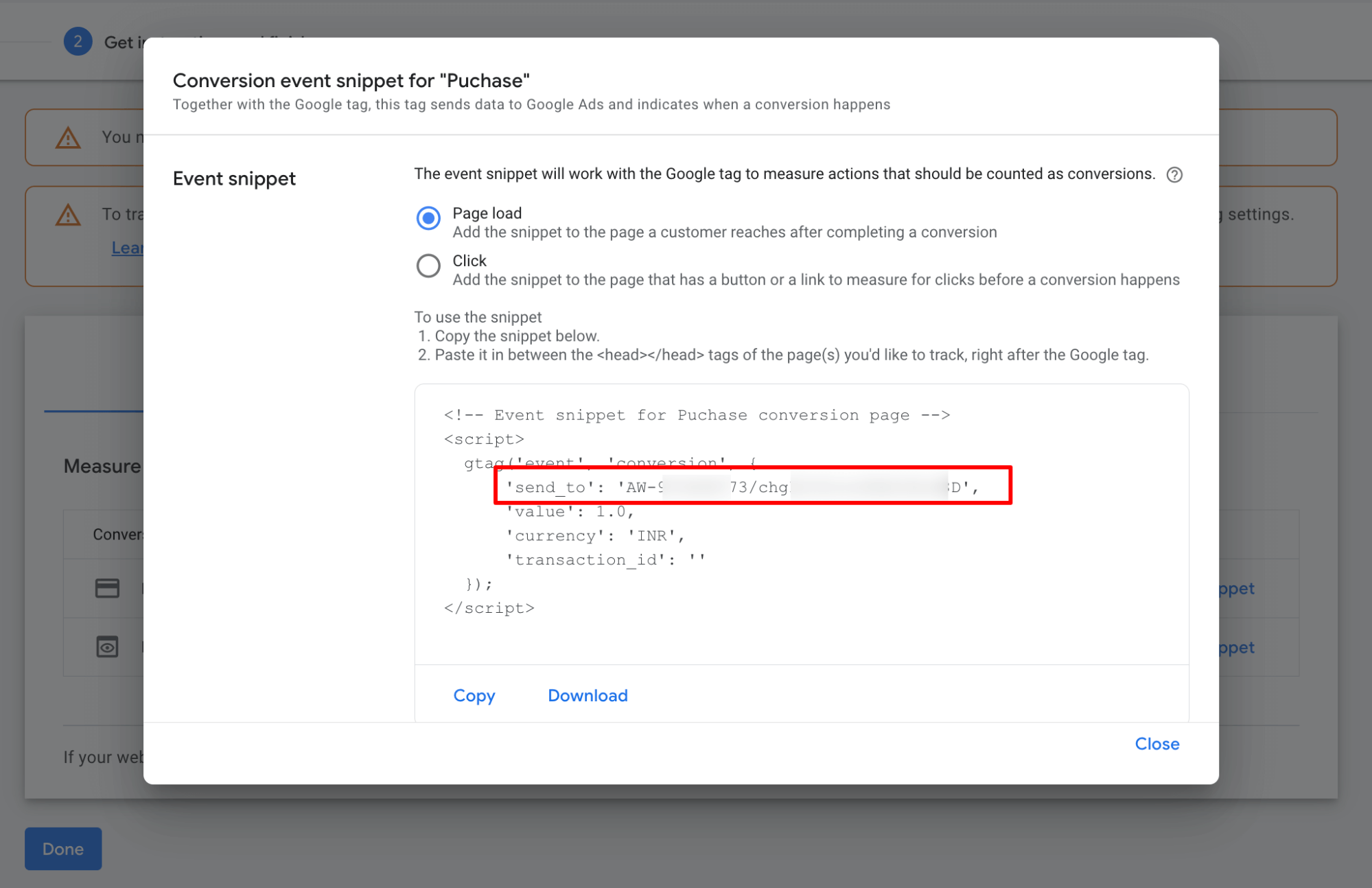 events snippet page load code, You can find the conversion ID and label in the ‘send to’ option divided by ‘/’.