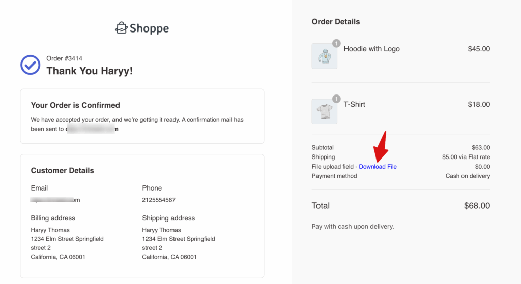 file upload field at the thank you page