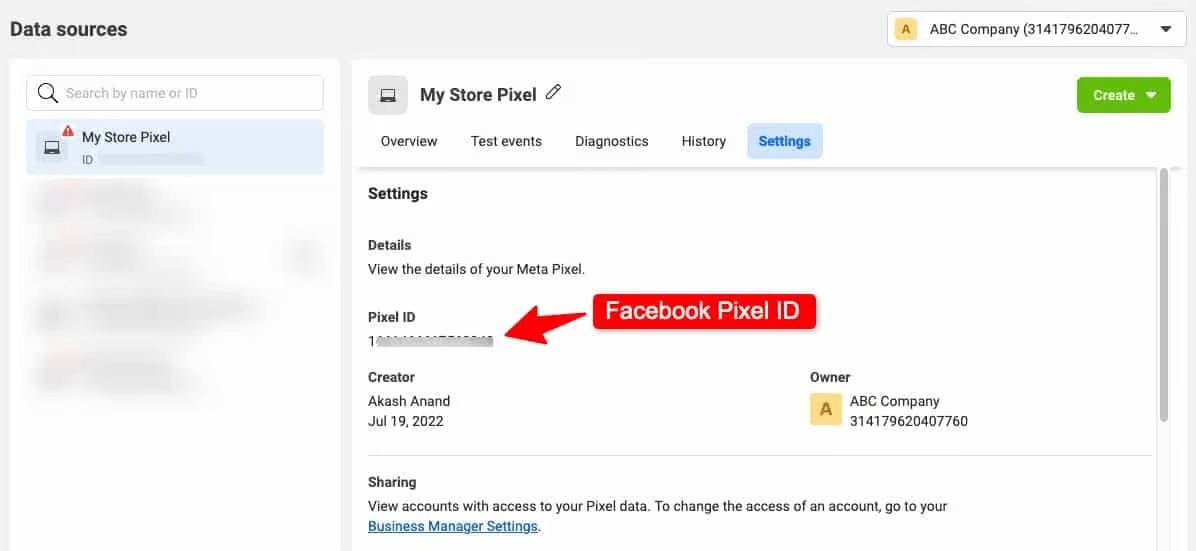 After completing the process of creating a Facebook Pixel, go to the 'Settings' tab on your Pixel dashboard and copy the ‘Facebook Pixel ID’.