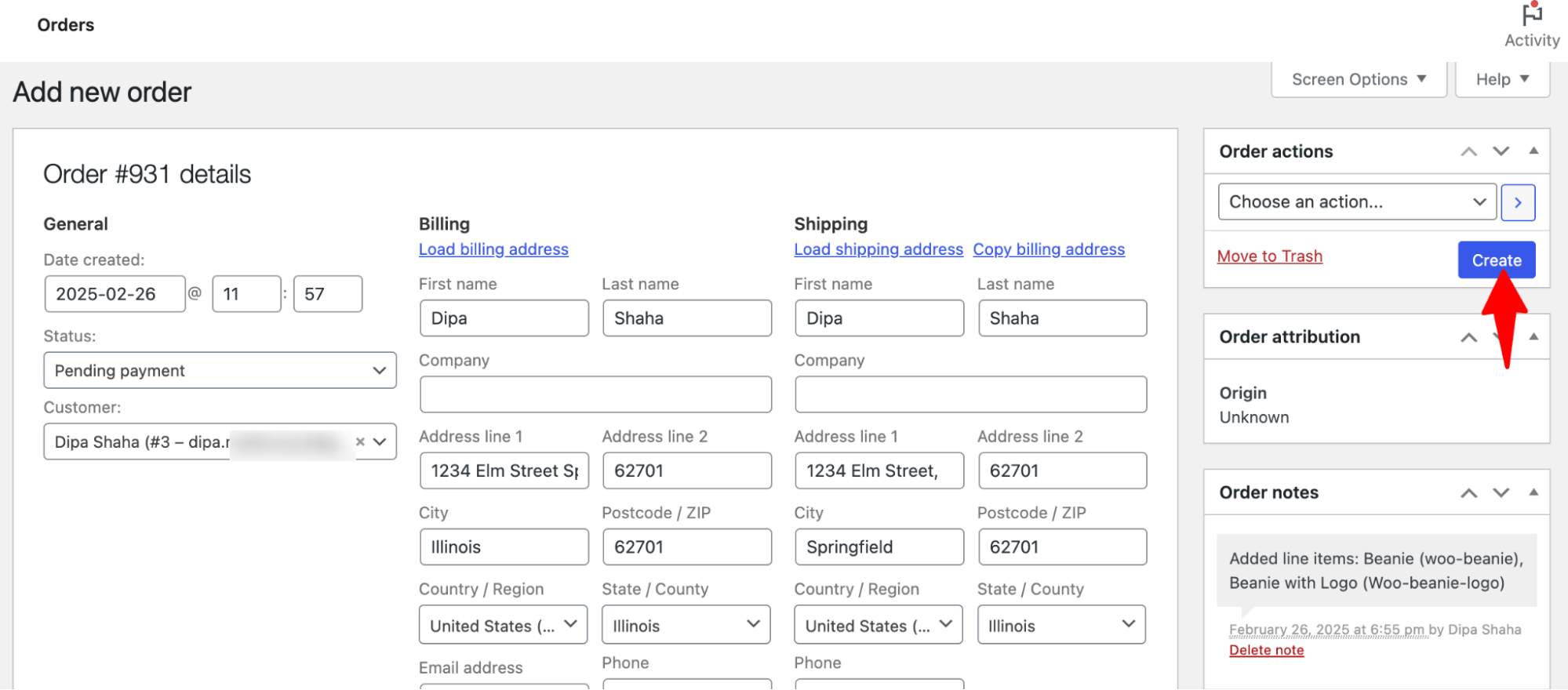 hit create for manual order