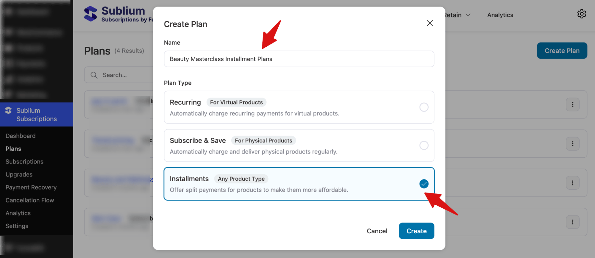 name and select installment or pay in part type