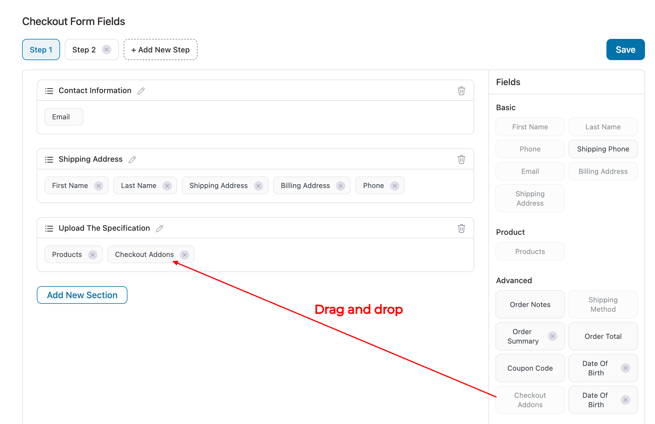 select the Checkout Add-ons field and drag it to the desired location. It’s recommended to place it after the products
