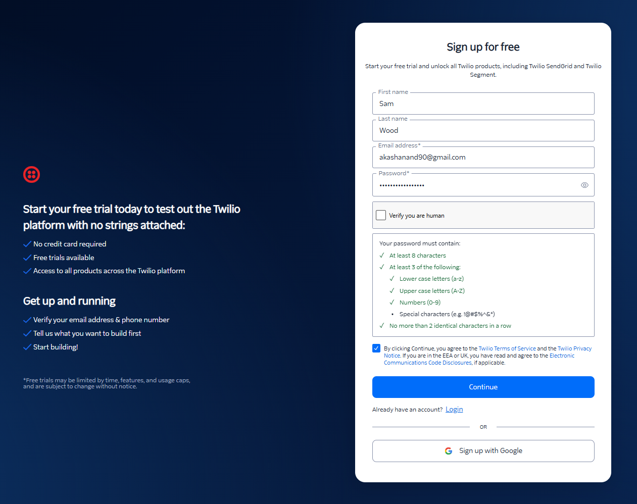 Enter your name, email and password to create your Twilio account