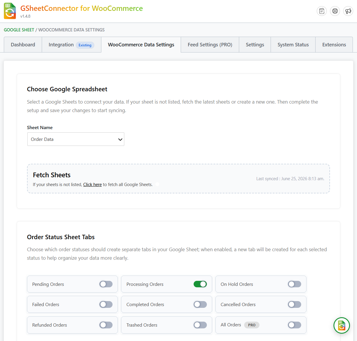 GSheetConnector for WooCommerce - data settings 