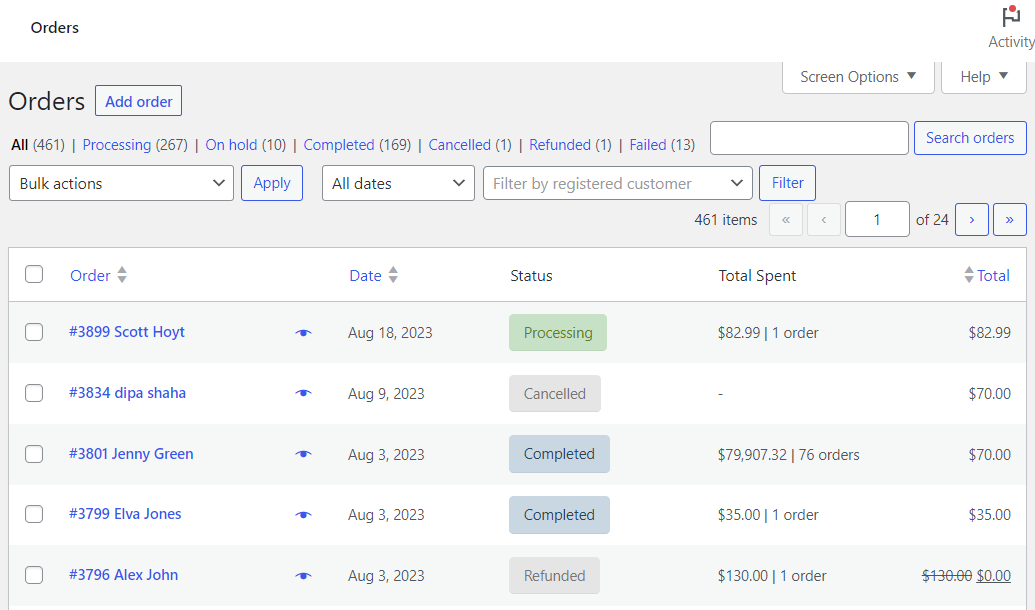 WooCommerce orders and status preview