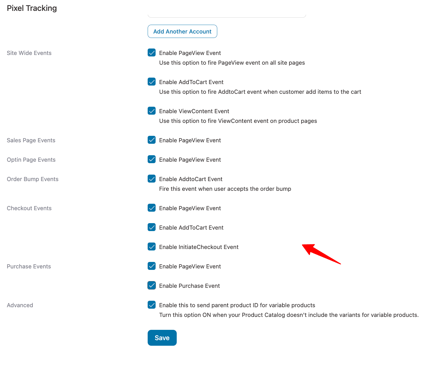 Enable the pixel events you want to track on your woocommerce store