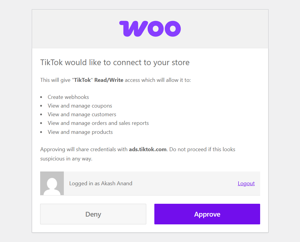 Click 'Approve' to authorize TikTok for Business to access your TikTok account.