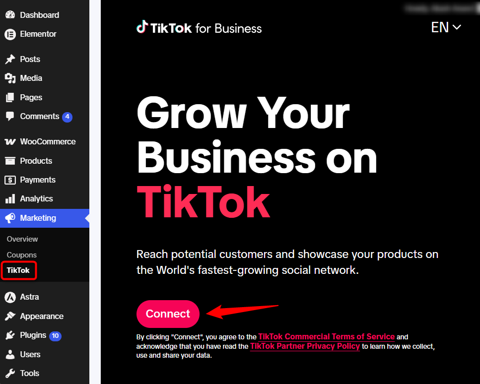 From the WordPress menu, open TikTok under Marketing, then click 'Connect Account'.