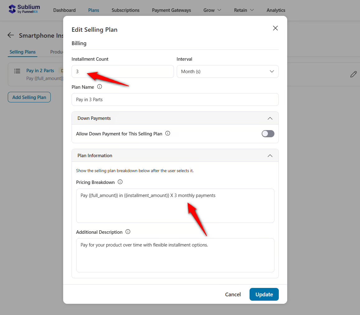 configure the installment count, interval, downpayments and additional description for the buy now pay later method