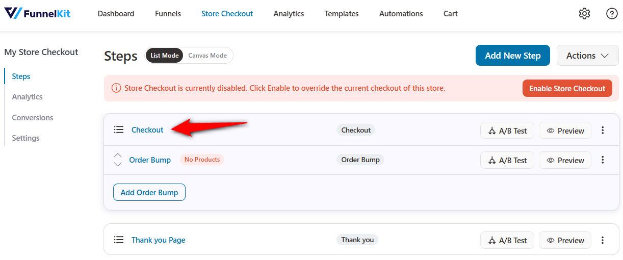 Click on the checkout page to start customizing it