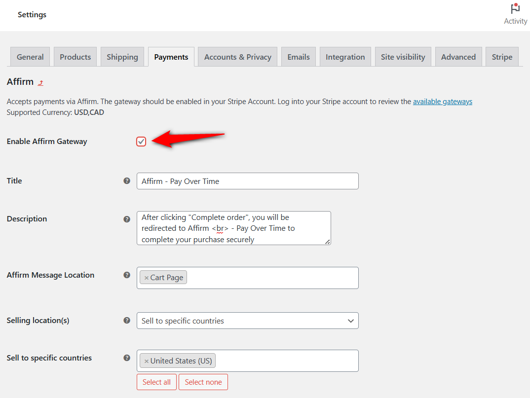Enable affirm gateway from the WooCommerce payment settings