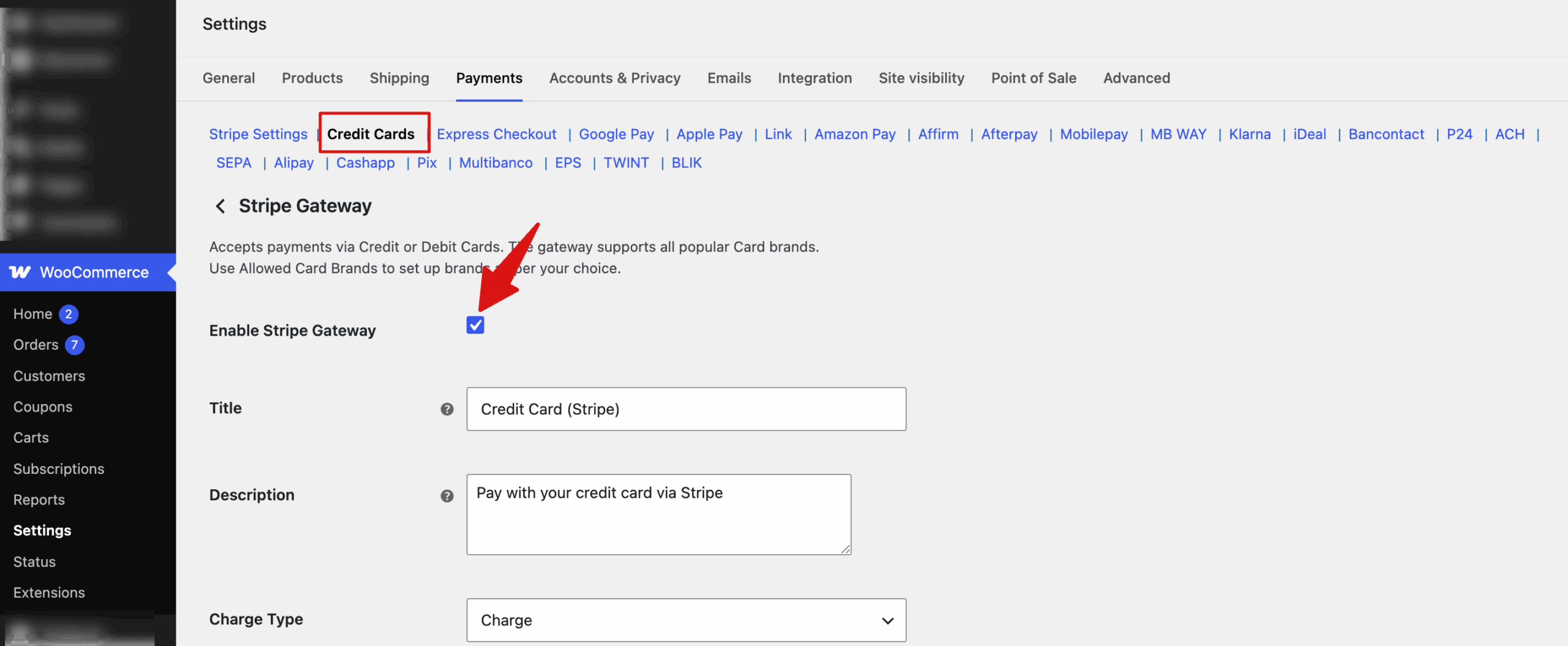 enable credit card in Stripe