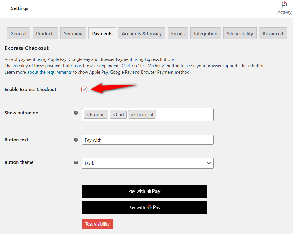 Enable express checkout from woocommerce Stripe payment settings