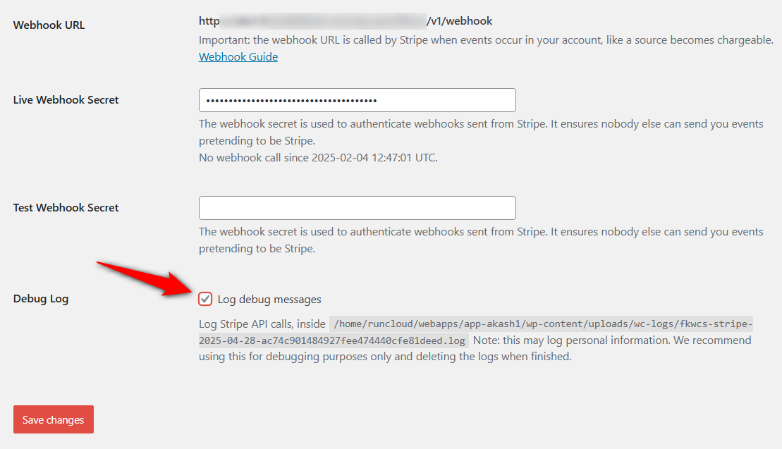 Enable log debug messages setting for Stripe WooCommerce gateway