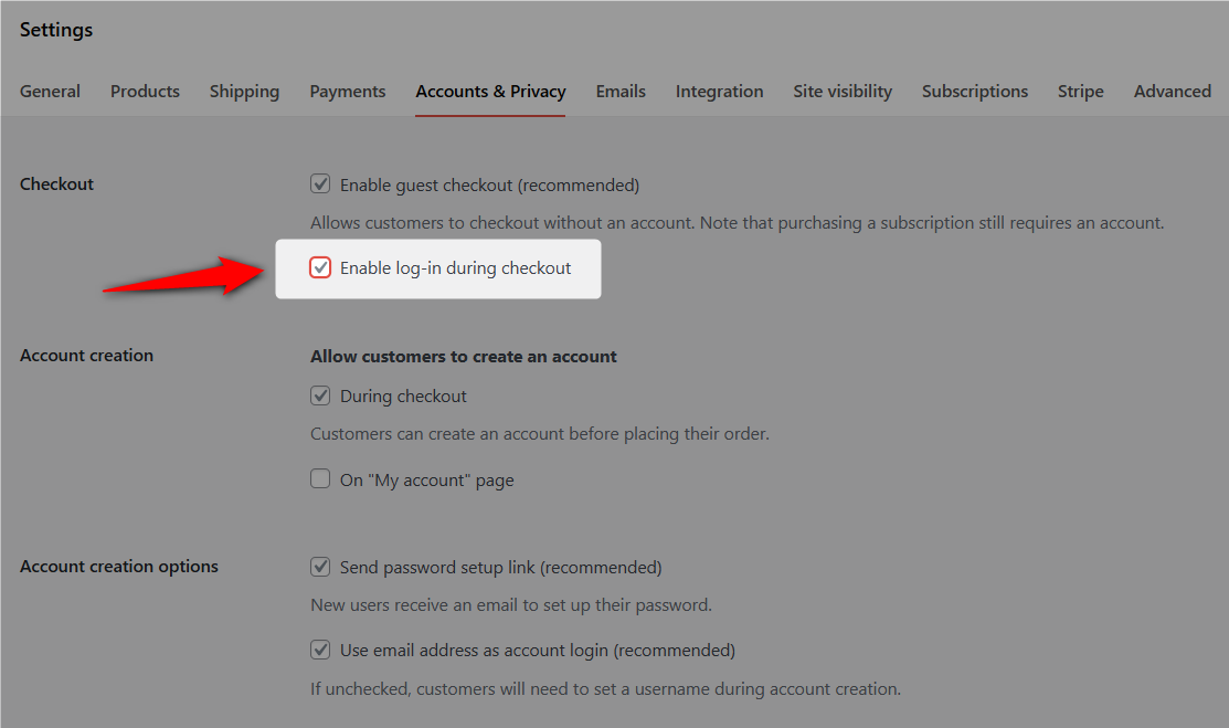 Enable log in during checkout for gexisting customers