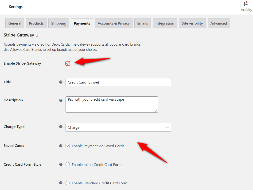 Configure additional Stripe credit card settings such as title, description, charge type, form style, etc.