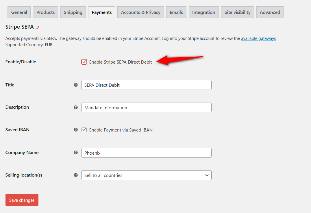 Enable Stripe SEPA Direct Debit