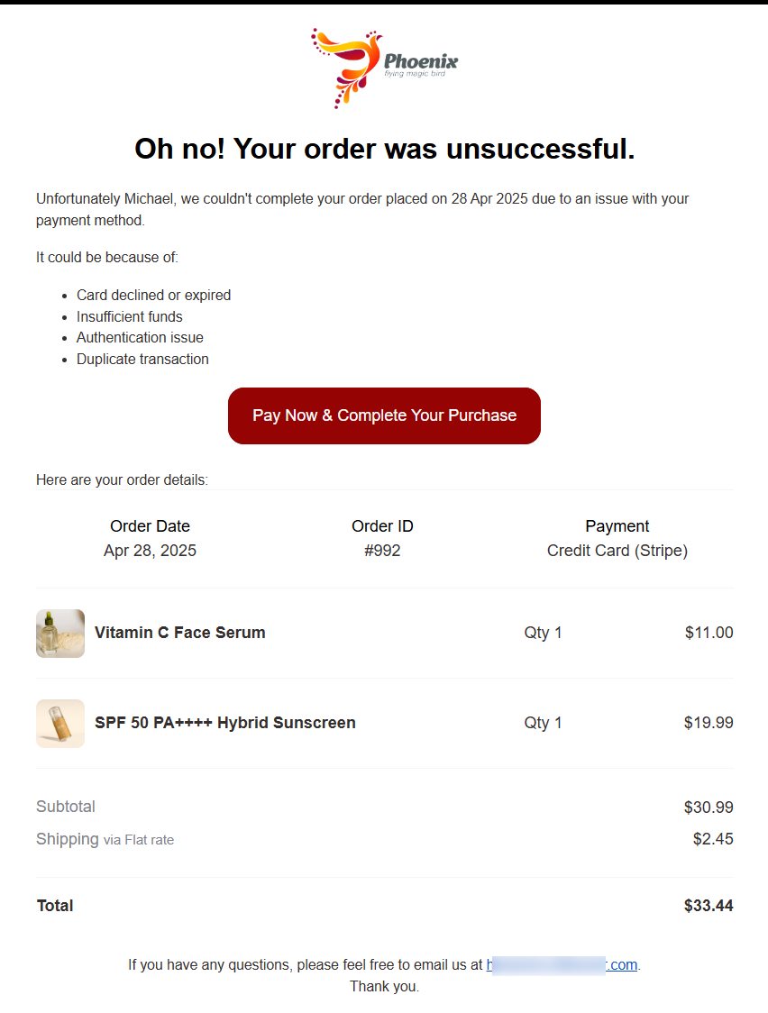 A beautiful failed order email notification used to handle failed Stripe payments 