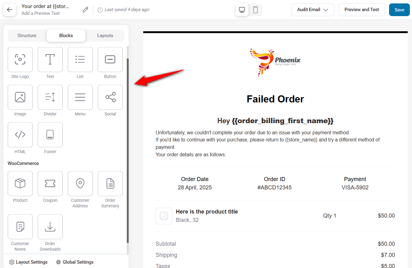 Use email customizer to design transactional and marketing emails using drag-and-drop content blocks