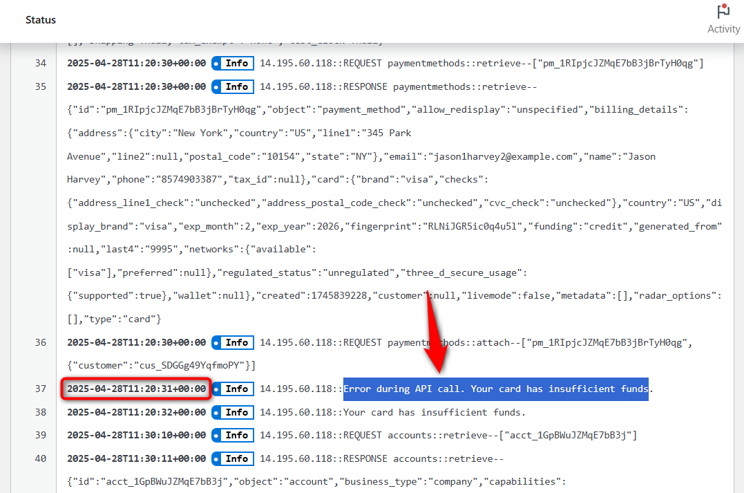 WooCommerce status logs for Stripe failed payment