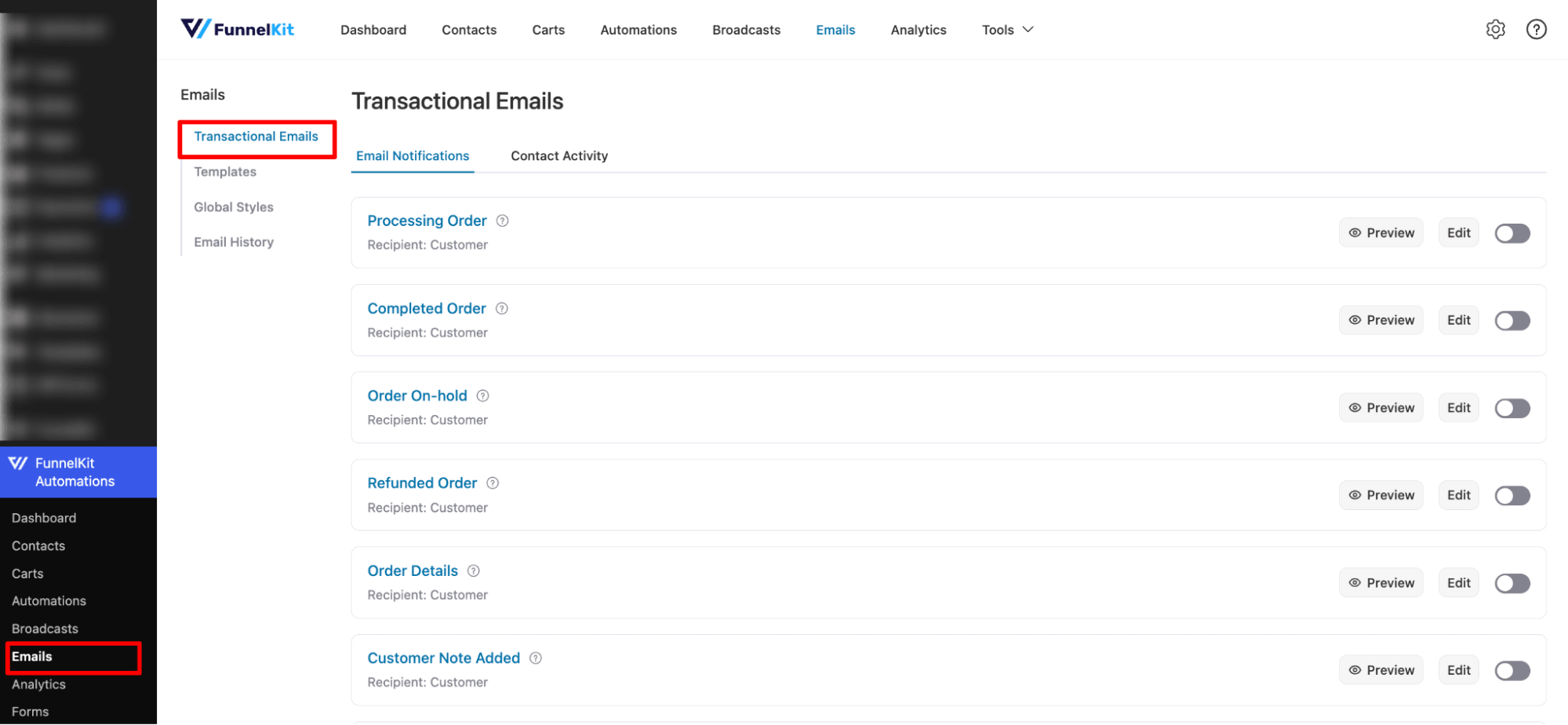 go to transactional emails