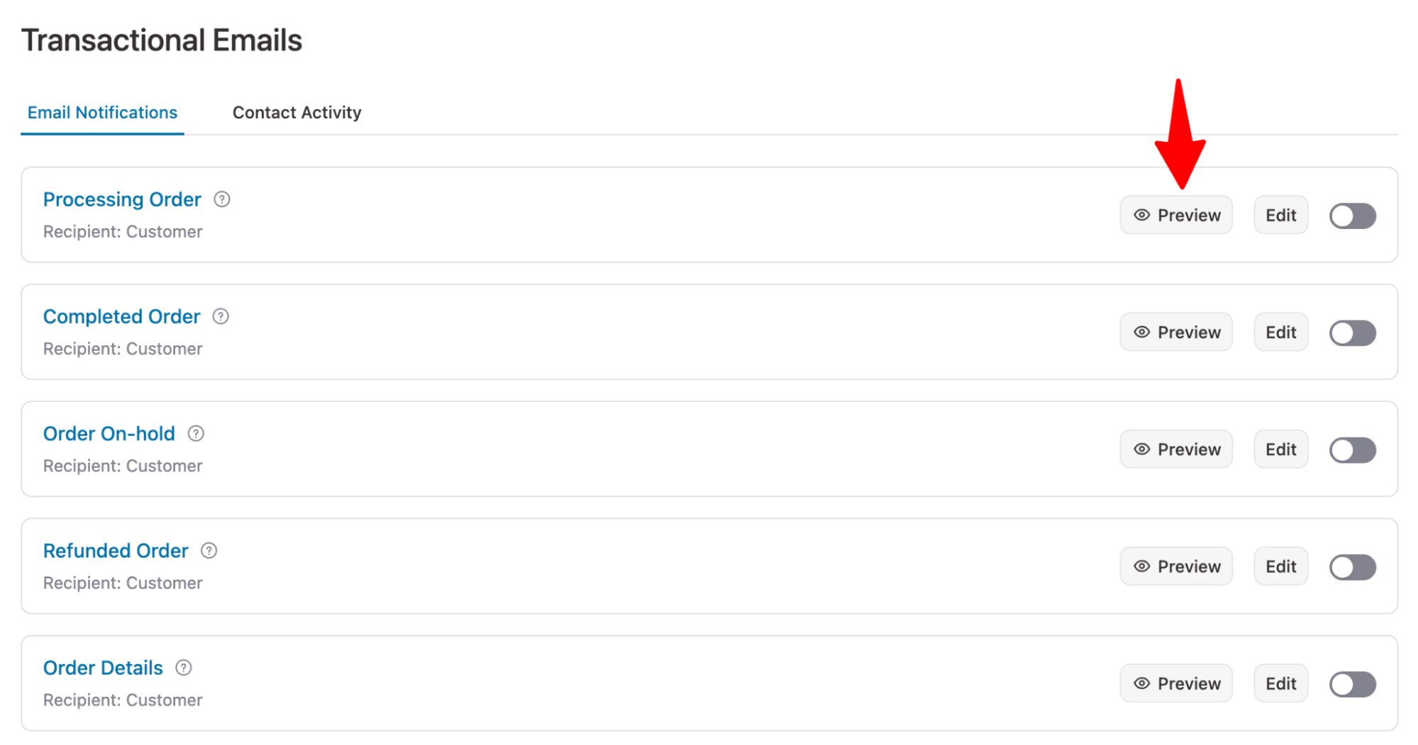 hit processing order email to preview