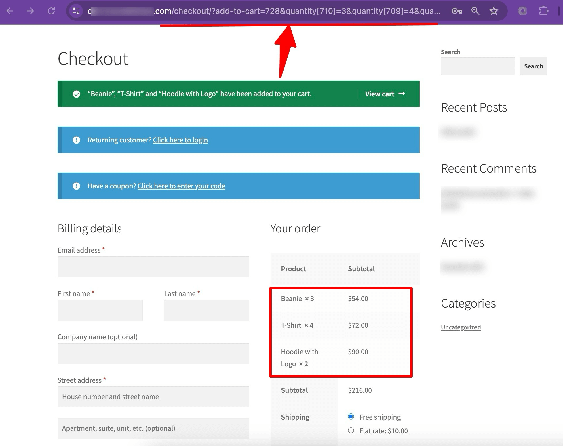 test WooCommerce direct checkout URL 