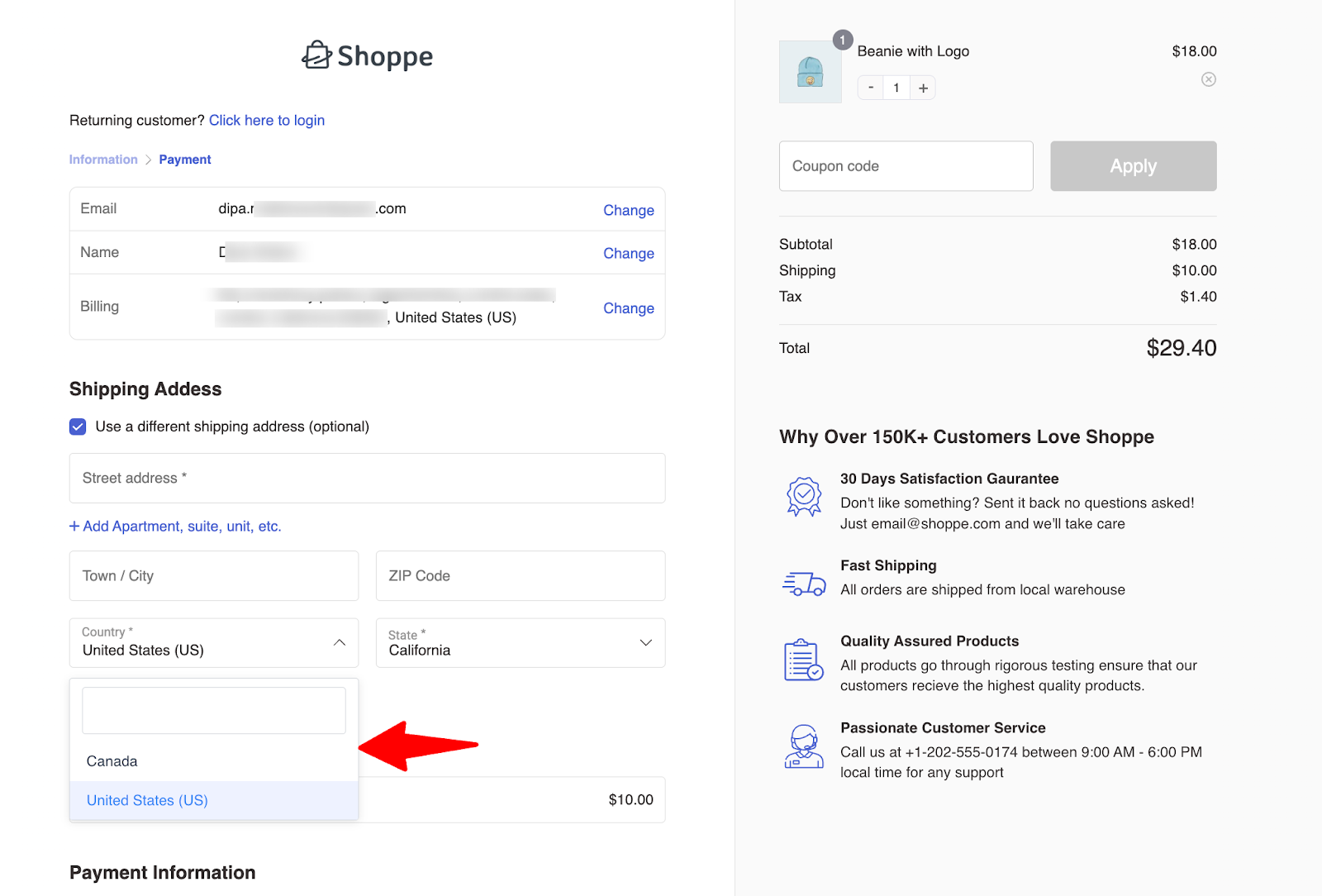 limited country at shipping address