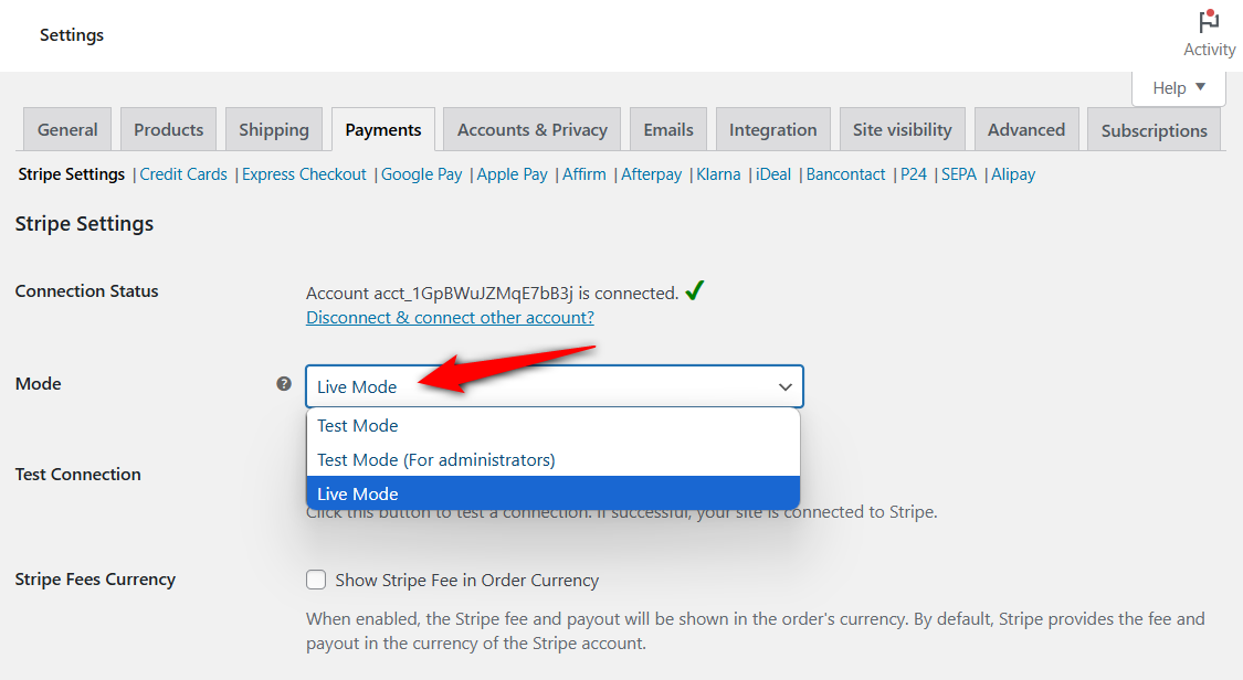 Switch from test to live mode for testing real Stripe payment transactions in WooCommerce