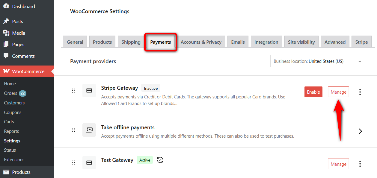 Click manage next to Stripe Gateway
