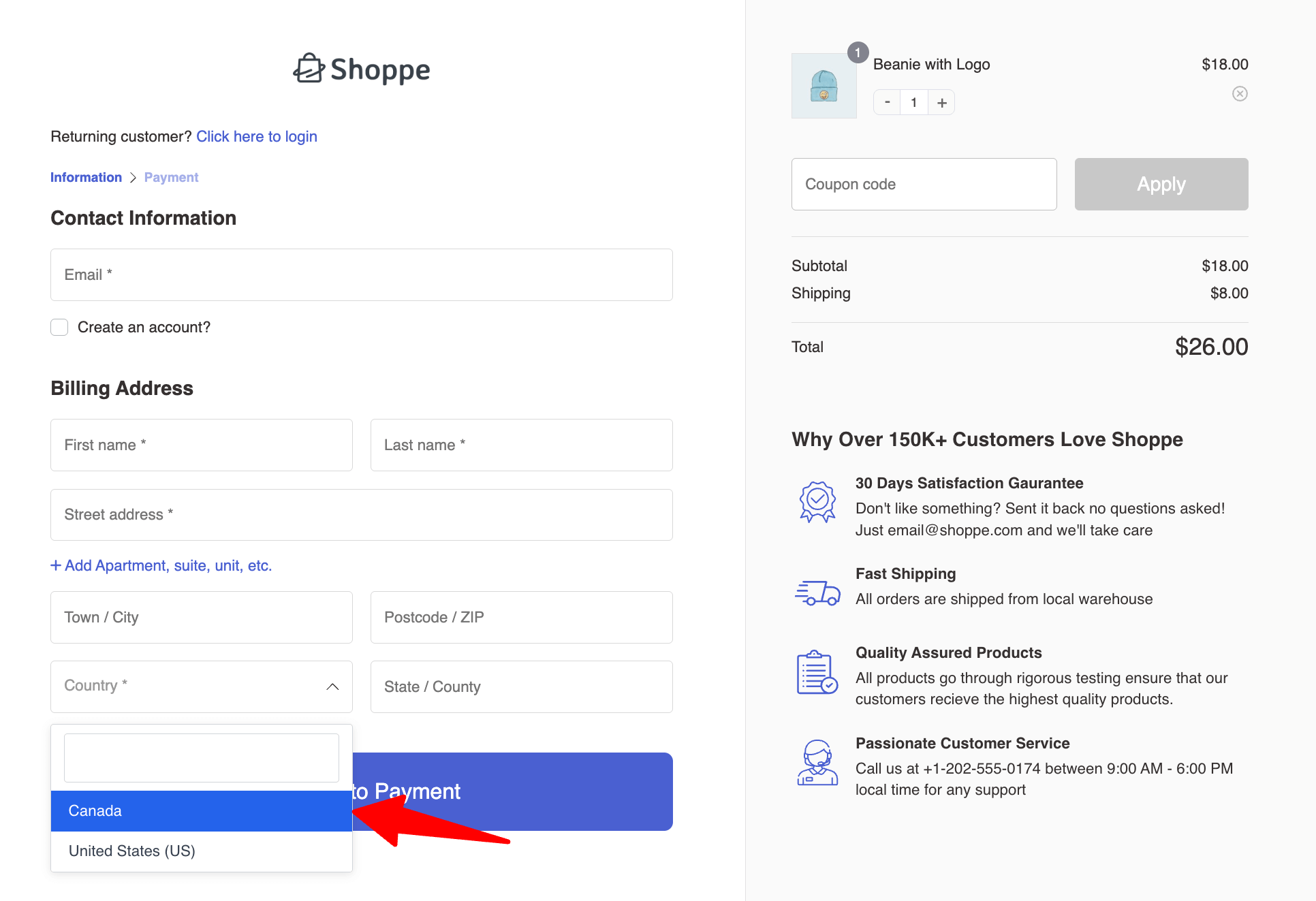 preview limited countries in checkout