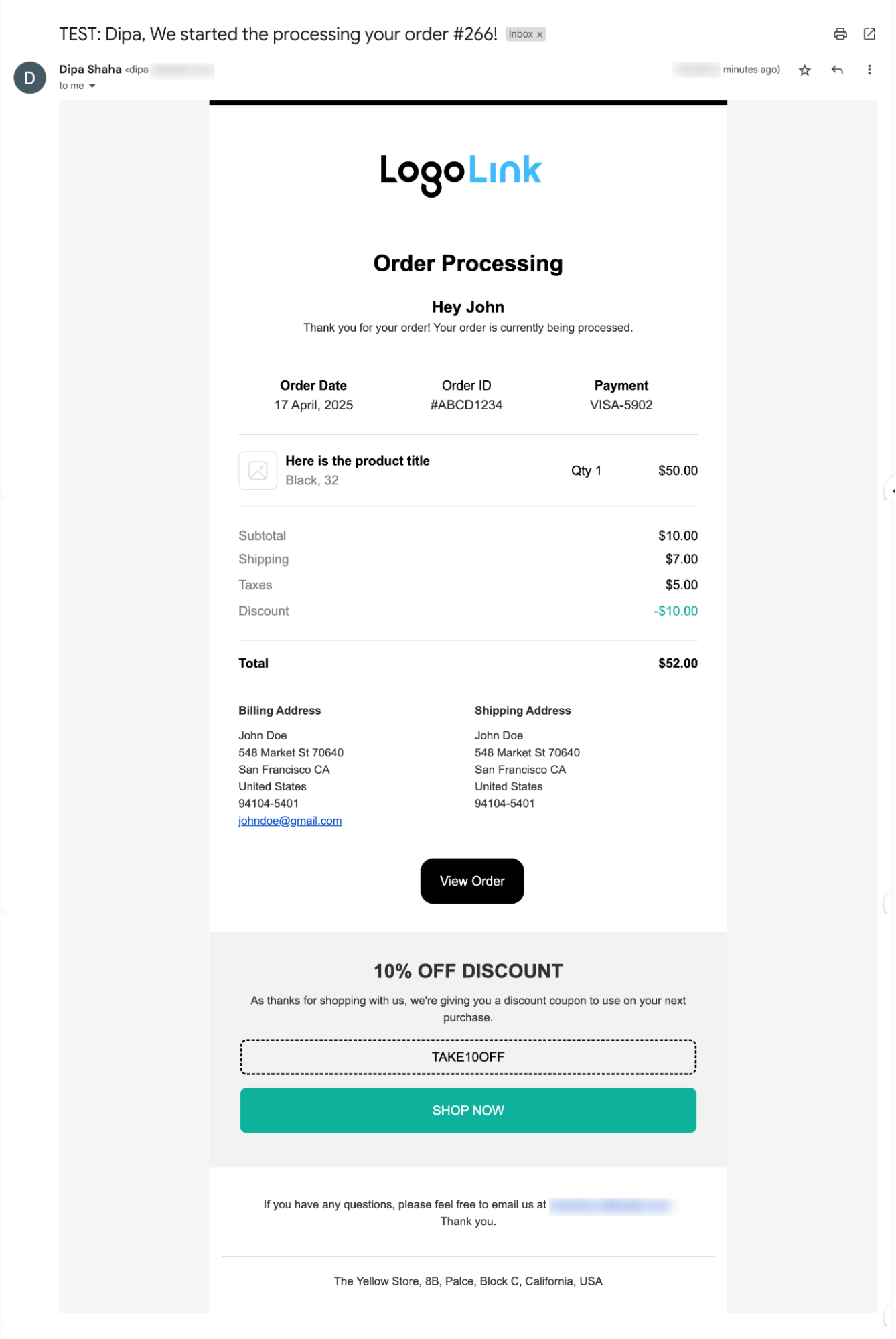 preview of WooCommerce test emails