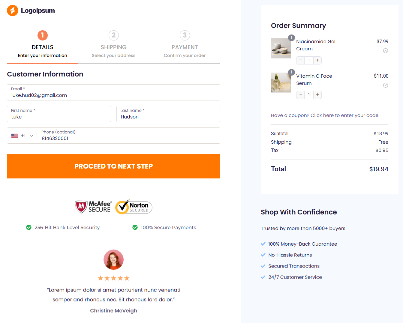 woocommerce checkout shortcode - preview of the checkout page on frontend