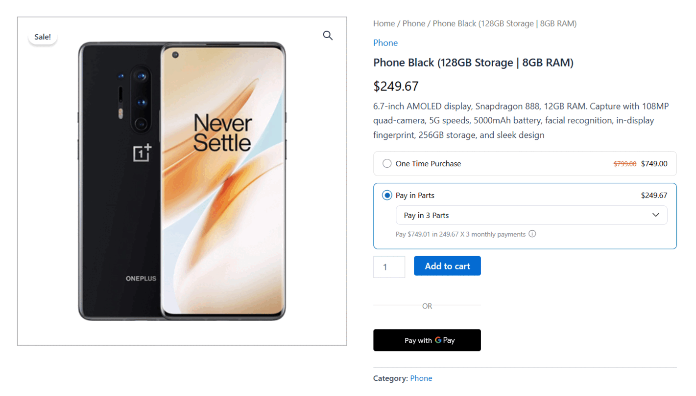 preview the buy now pay later option on the product page