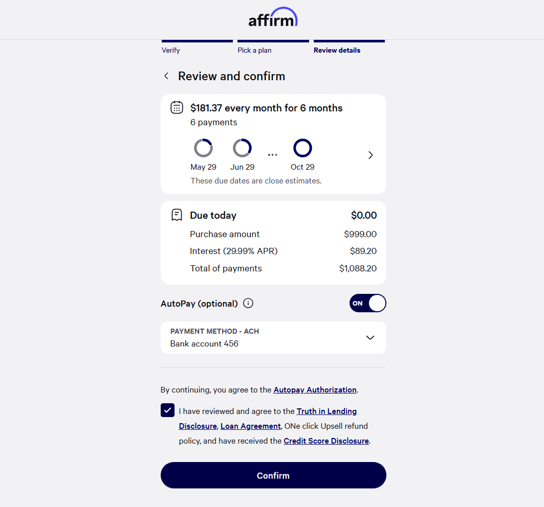 Review the installment plan for Affirm BNPL payment option and confirm it to place the order