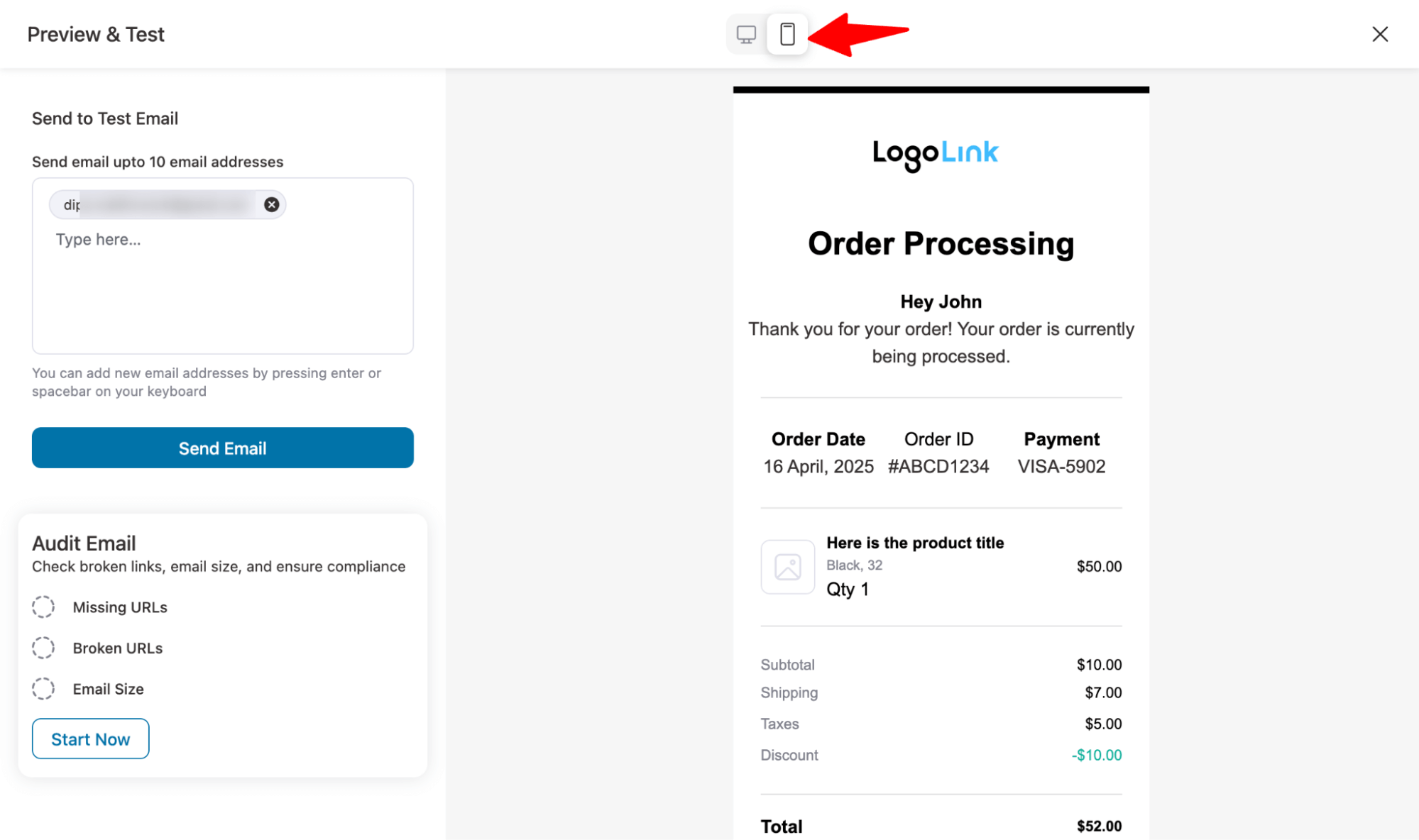 select phone device to check responsiveness of custom WooCommerce emails