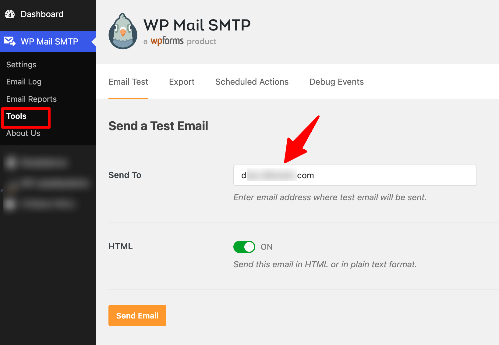 send atest test email using WP SMTP