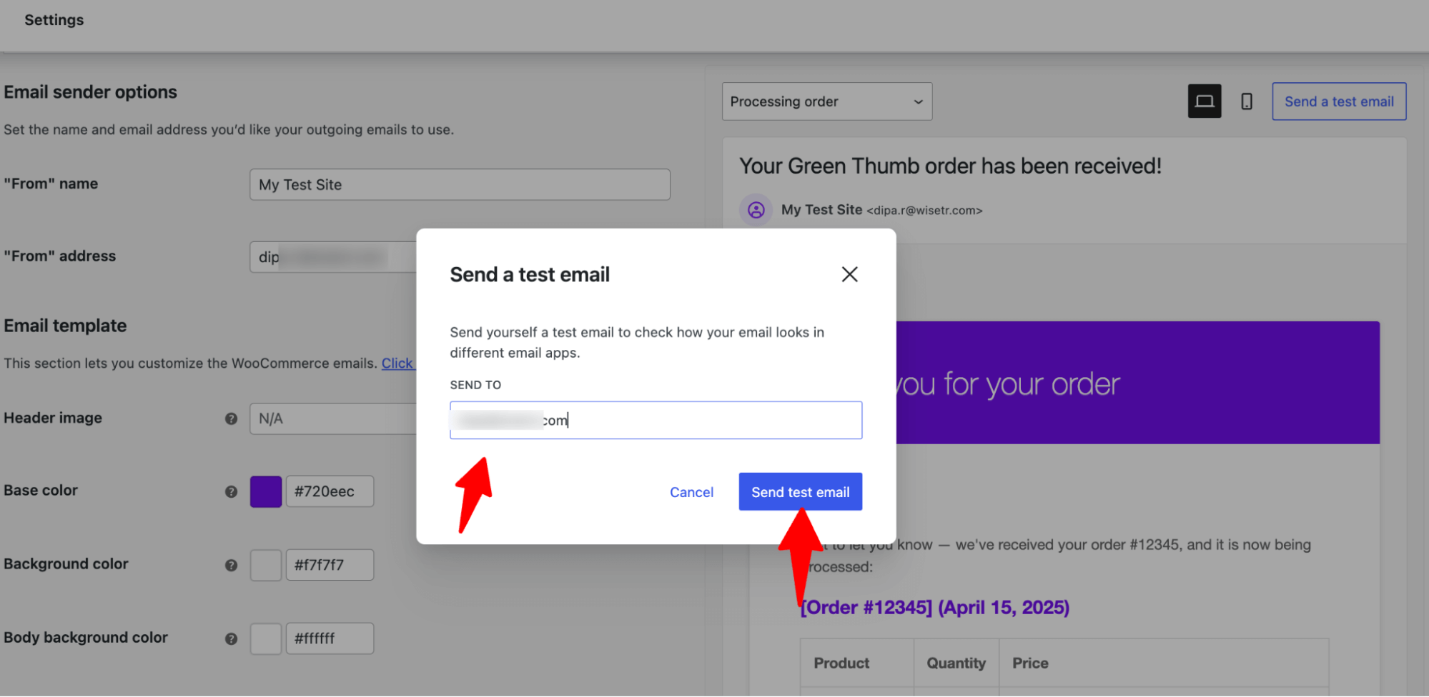 send test email using default option