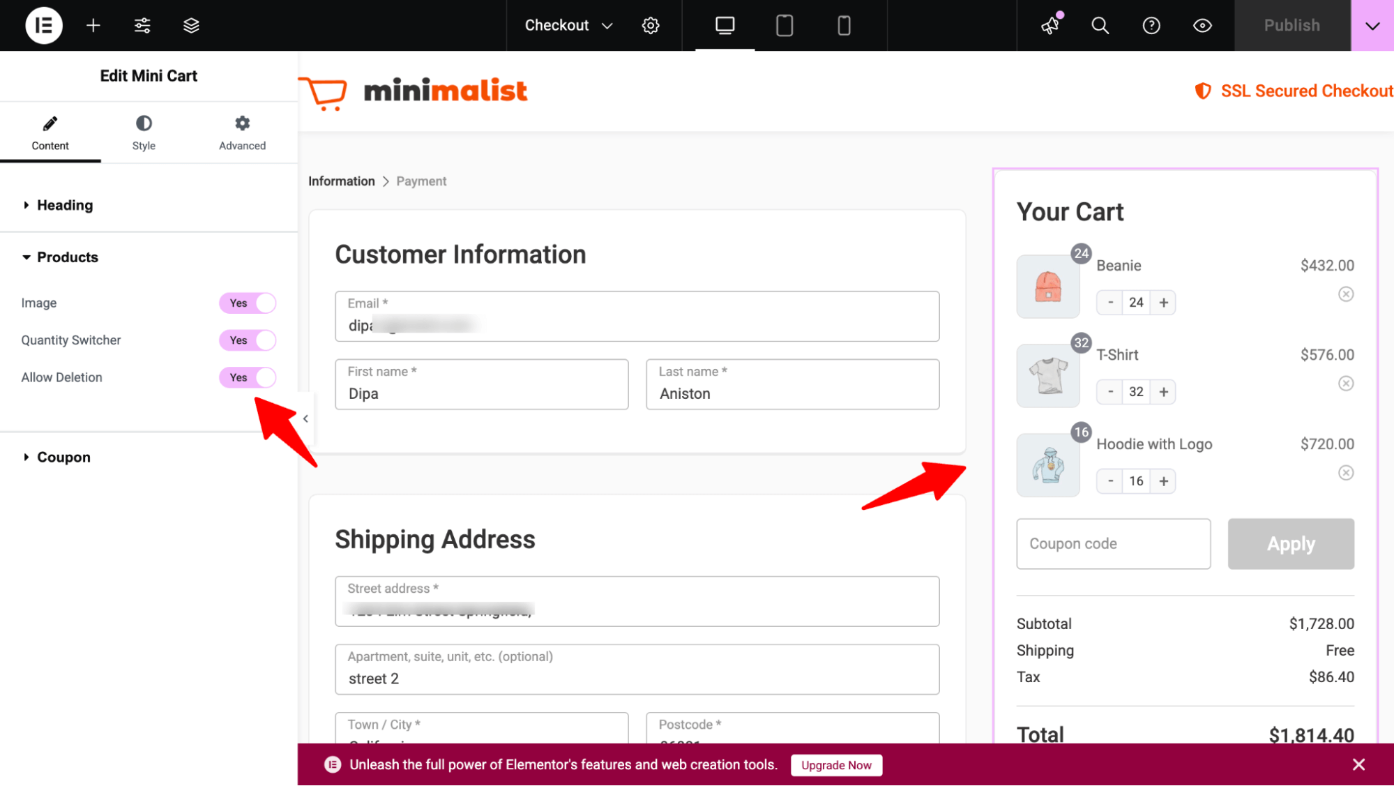 set up quantity switcher and deletion process in mini cart