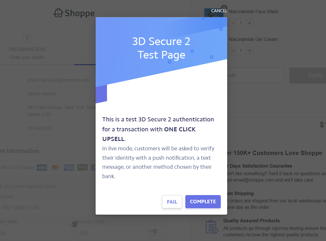Testing Stripe payments using 3D secure authentication