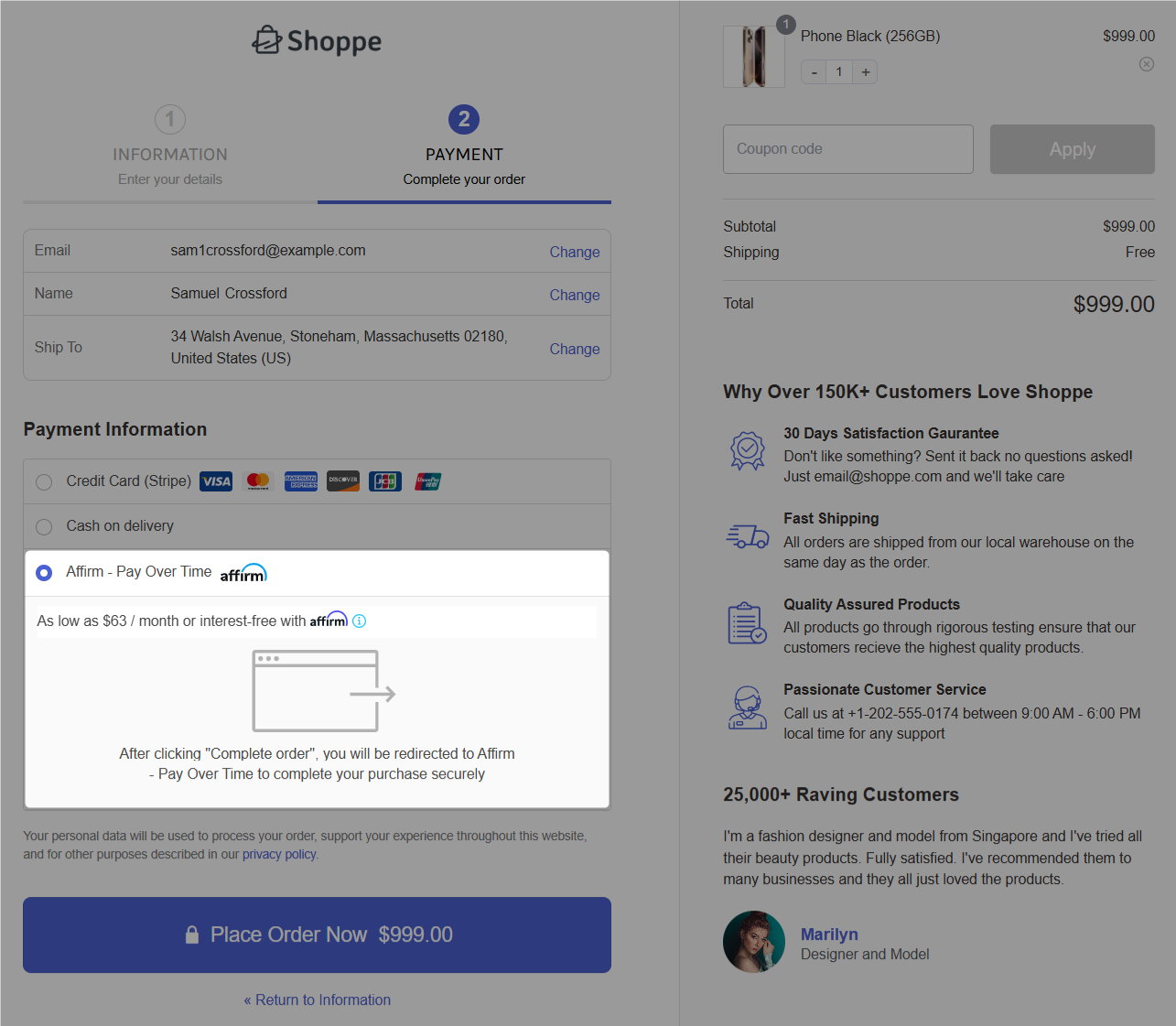 Affirm payment option visible on the WooCommerce checkout page 
