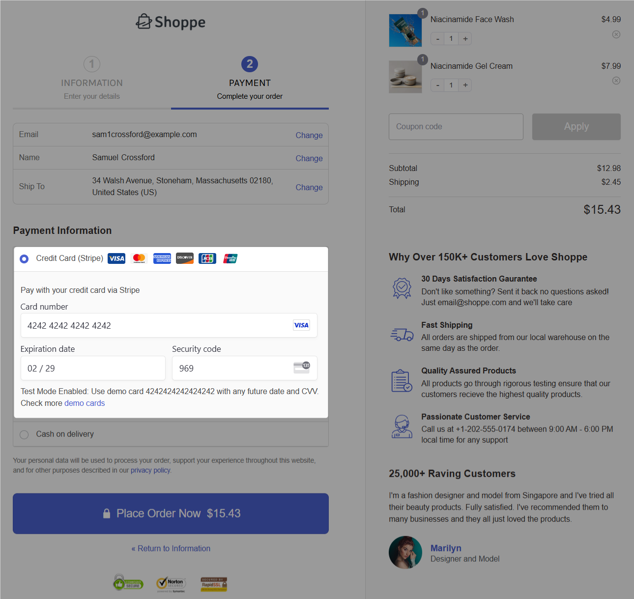Testing Stripe payments for credit cards on the WooCommerce checkout page